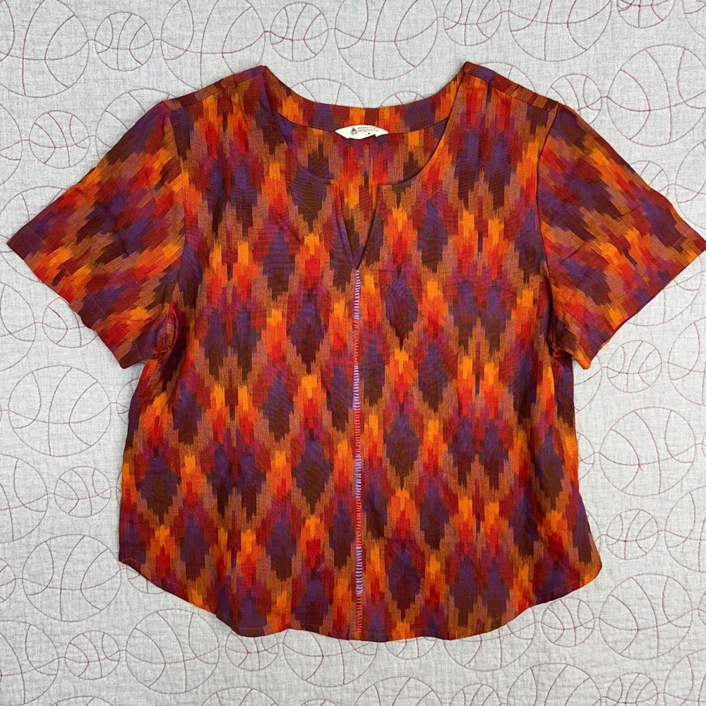 Marketplace Handwork of India‎ Orange Ikat Geometric Artisanal Blouse /Medium